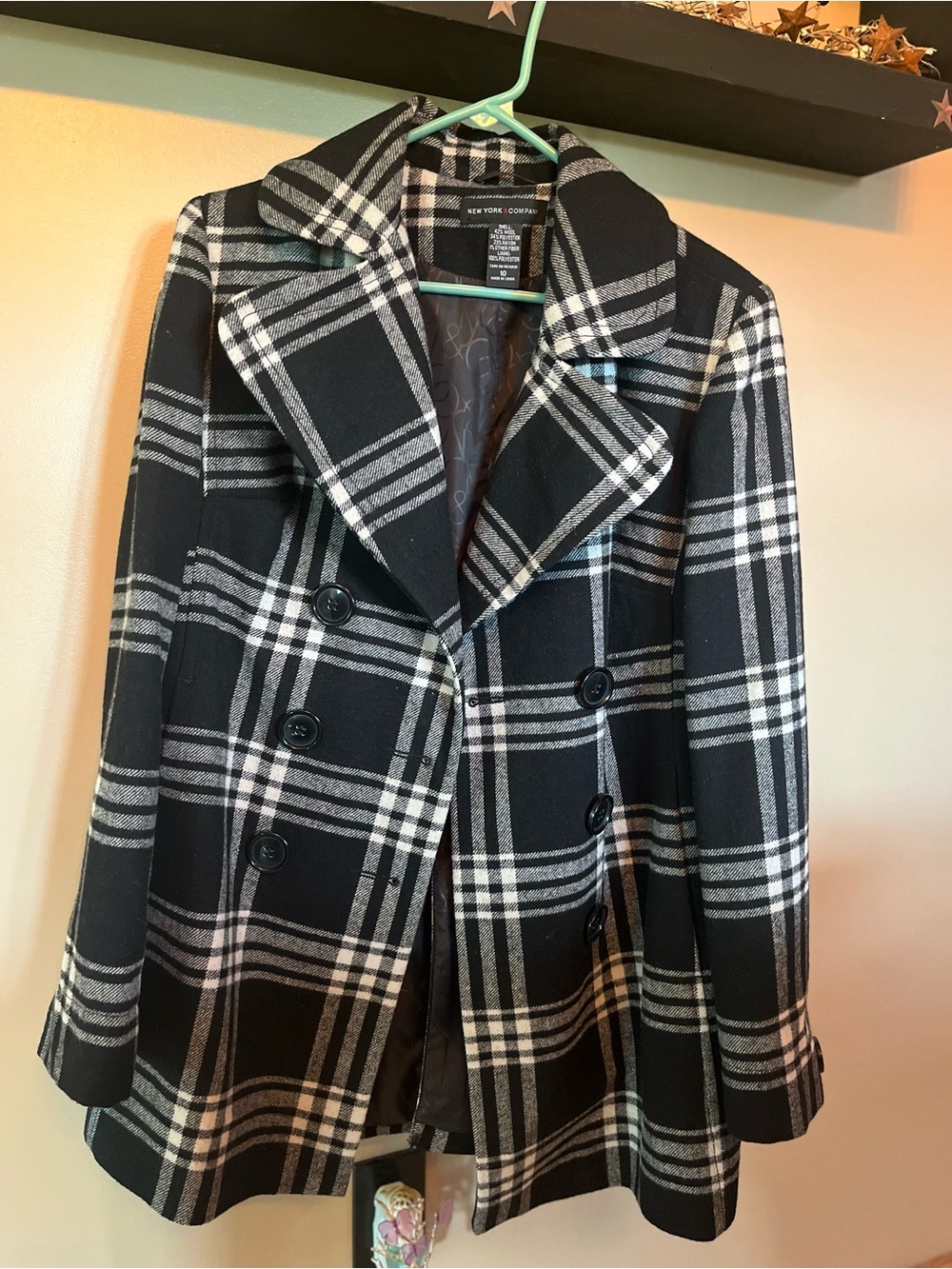 New York & Company Black and White Plaid Double-Breasted Pea Coat